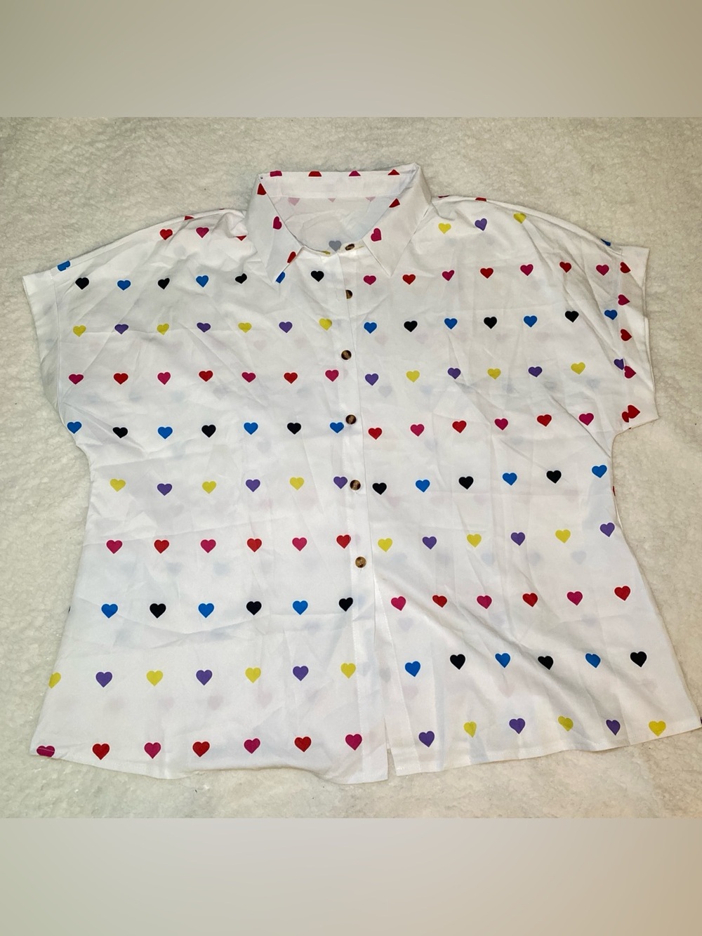White Button-Up Shirt with Multicolor Heart Print